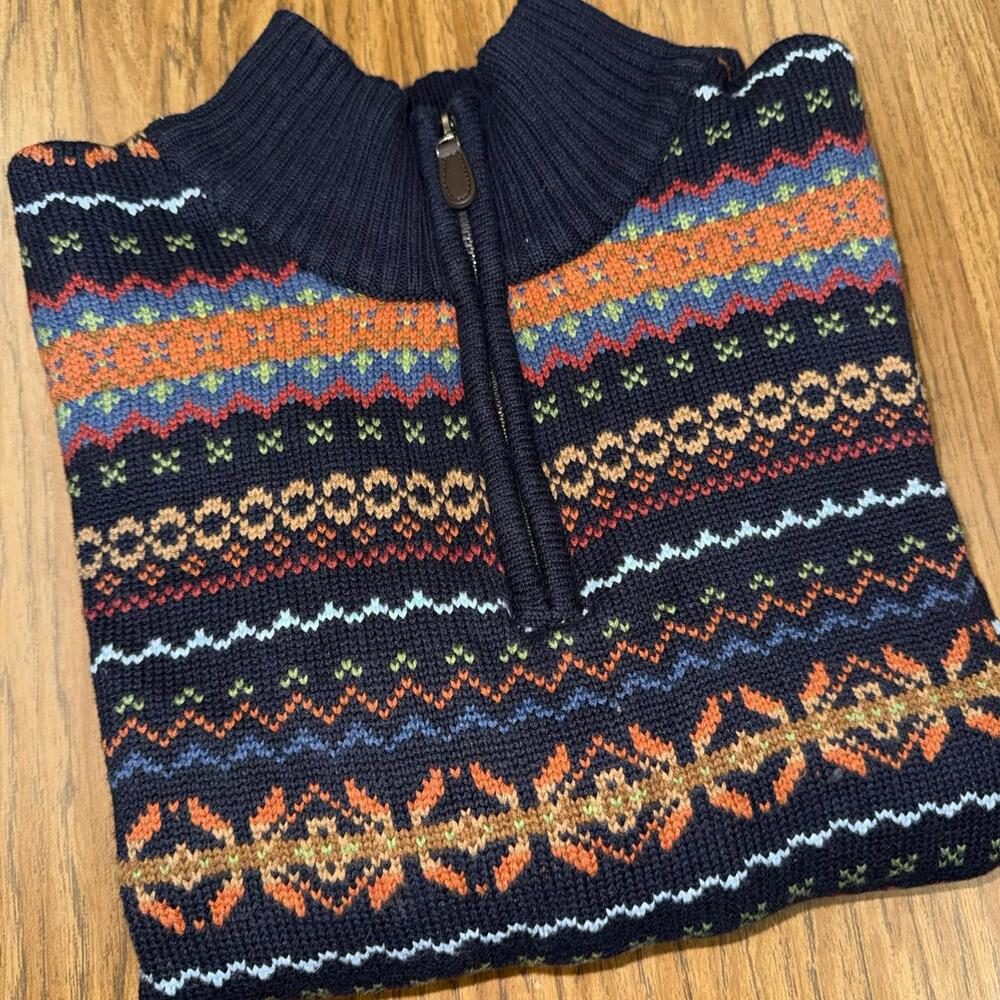 Vintage LL Bean Sweater 1/4 Zip Geometric Nordic Blue Size Small
